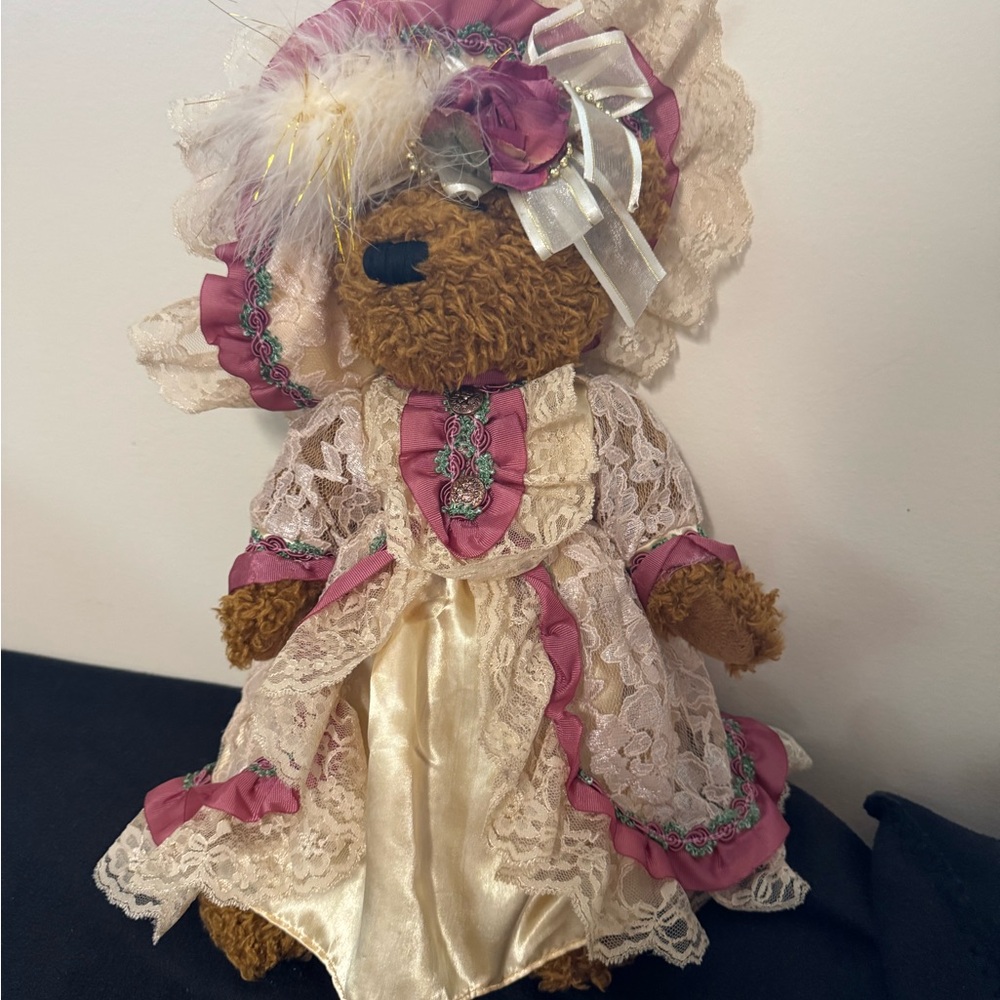 Victorian Style Teddy Bear with Cream and Pink Dress